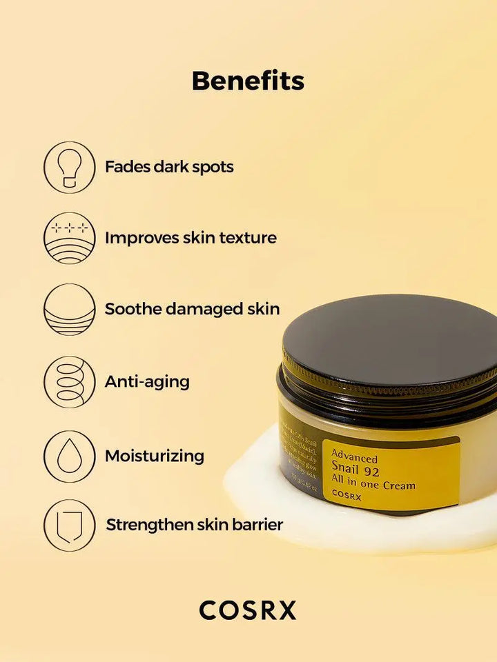 Nuaglow skincare routine featuring advanced snail all-in-one cream by Cosrx for sensitive skin, with a sleek skincare product image.