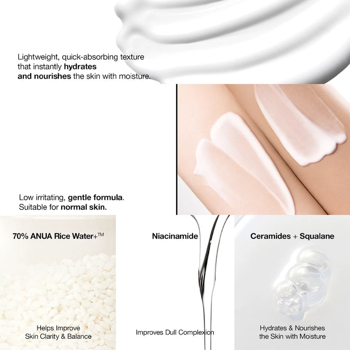 ANUA Rice 70 Intensive Moisturizing Milk in a sleek bottle, showcasing creamy texture and hydrating ingredients.