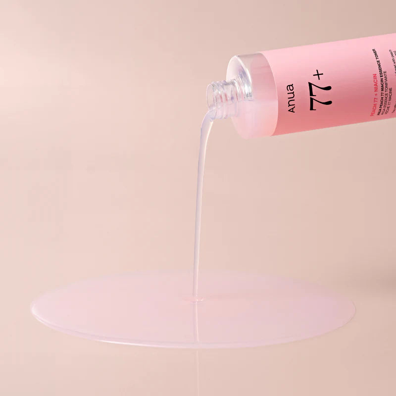 Bottle of ANUA Peach 77 Niacin Essence Toner in 250ml container, showing the toner with peach-themed packaging.