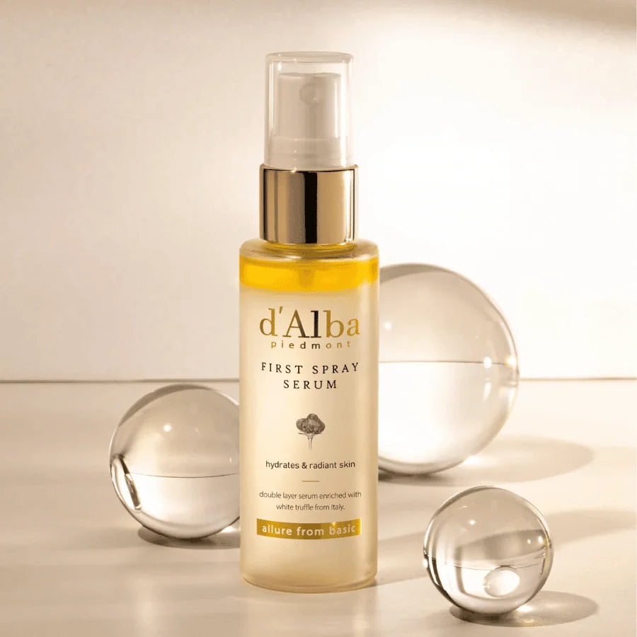 d'Alba White Truffle First Spray Serum 50ml bottle, featuring a sleek design and spray nozzle for skincare application.