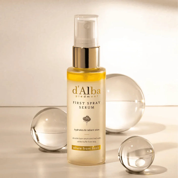 d'Alba White Truffle First Spray Serum 50ml bottle, featuring a sleek design and spray nozzle for skincare application.