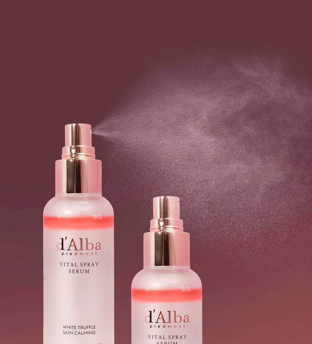 d'Alba White Truffle Vital Spray Serum bottle with white and gold packaging, 100ml size, on a neutral background