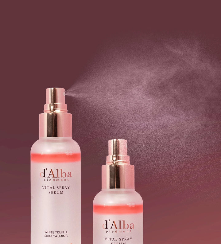 d'Alba White Truffle Vital Spray Serum bottle with white and gold packaging, 100ml size, on a neutral background