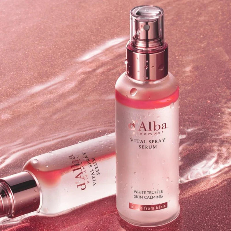 d'Alba White Truffle Vital Spray Serum bottle, 100ml, with white truffle extract for nourishing skincare.