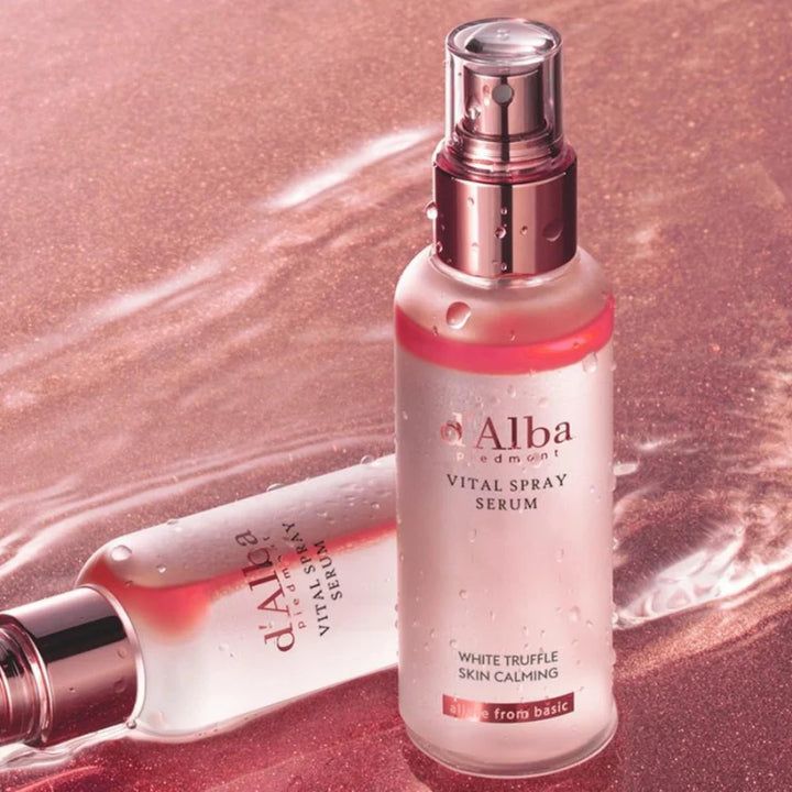 d'Alba White Truffle Vital Spray Serum bottle, 100ml, with white truffle extract for nourishing skincare.