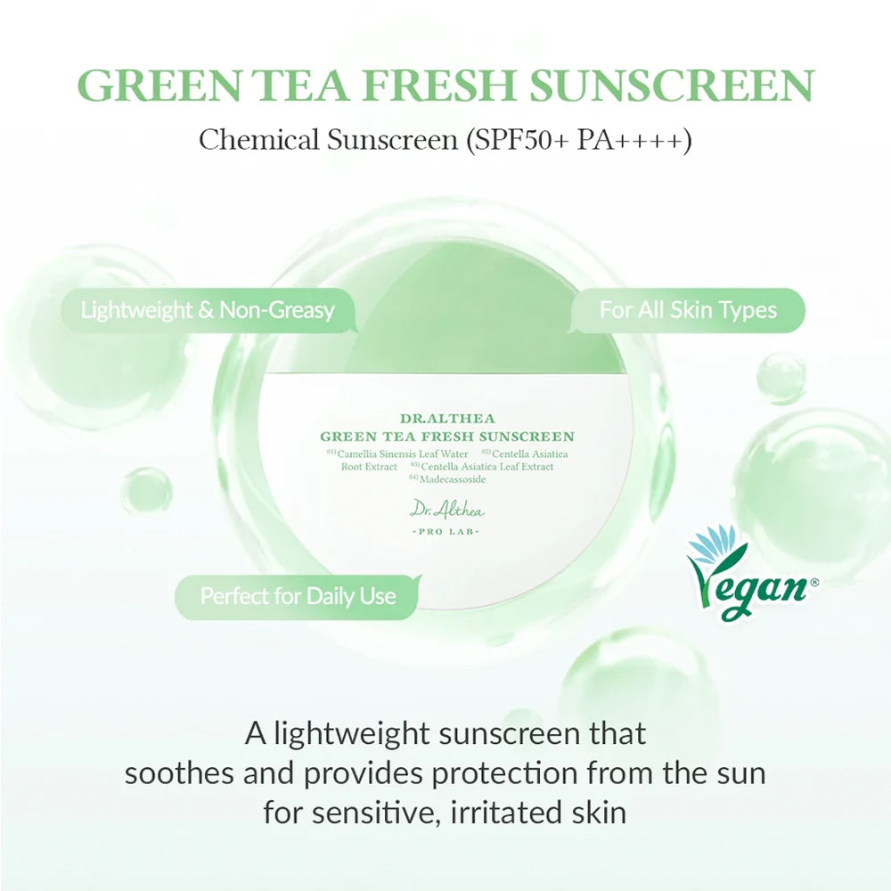 Dr. Althea Green Tea Fresh Sunscreen SPF50+ PA++++ in a 45ml tube, featuring a green tea formula for sun protection.