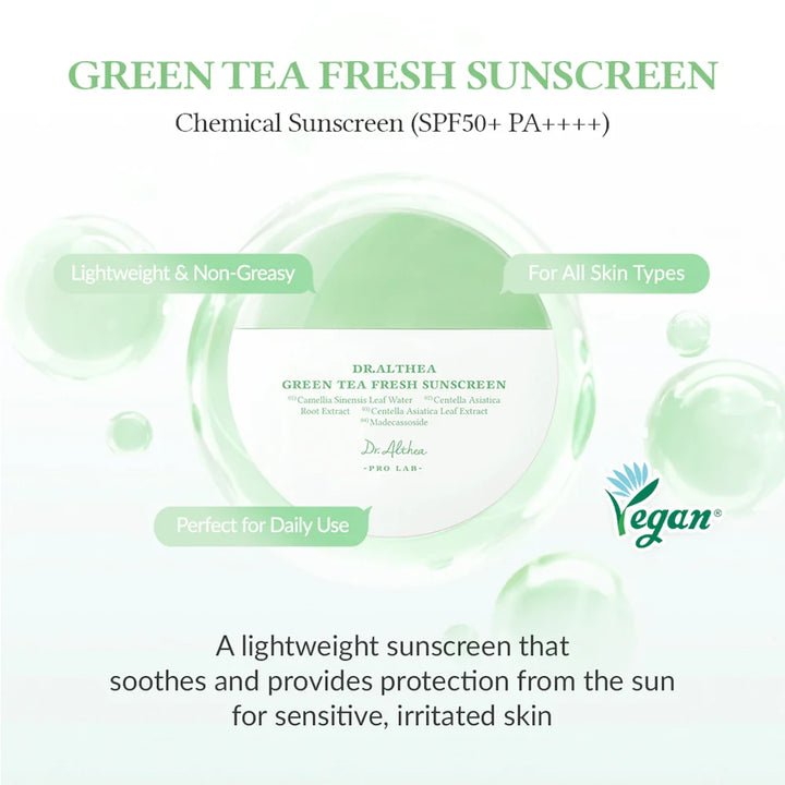 Dr. Althea Green Tea Fresh Sunscreen SPF50+ PA++++ in a 45ml tube, featuring a green tea formula for sun protection.