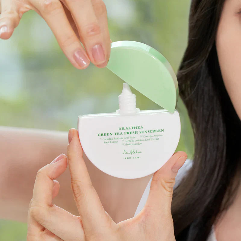 Nuaglow skincare routine for rosacea featuring Dr. Althea Green Sunscreen in a sleek bottle, suitable for sensitive skin.