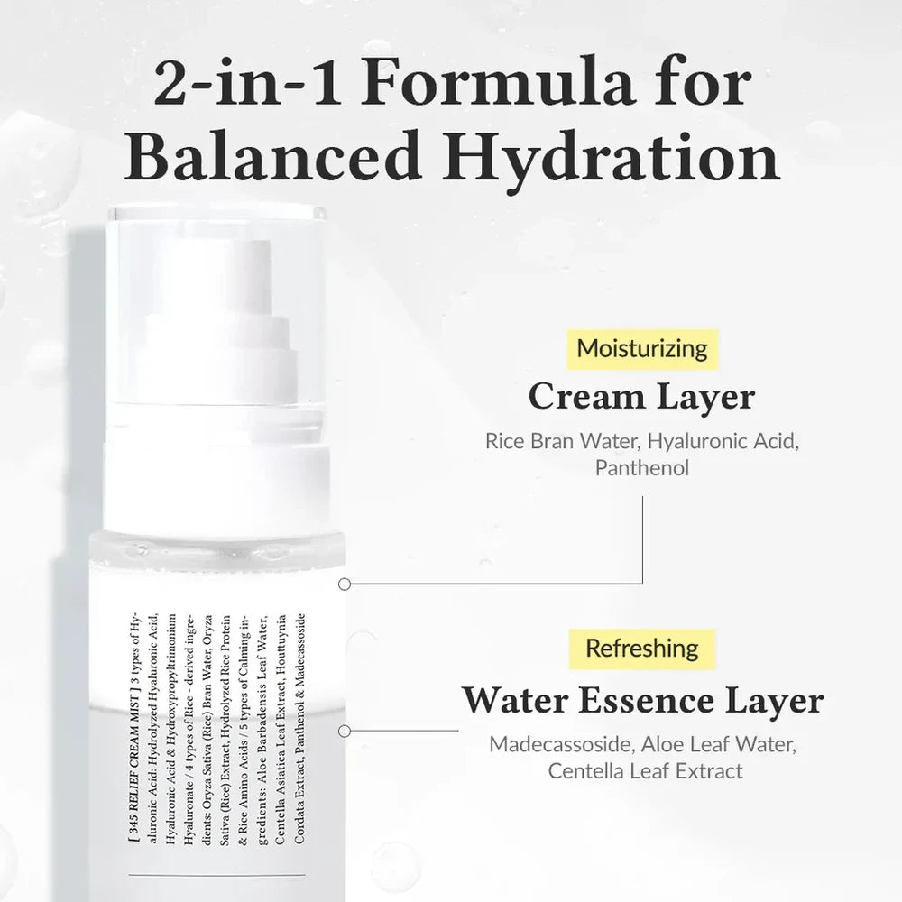 Dr. Althea 345 Relief Cream Mist in a 100ml spray bottle, showcasing a sleek design with a fine mist nozzle.