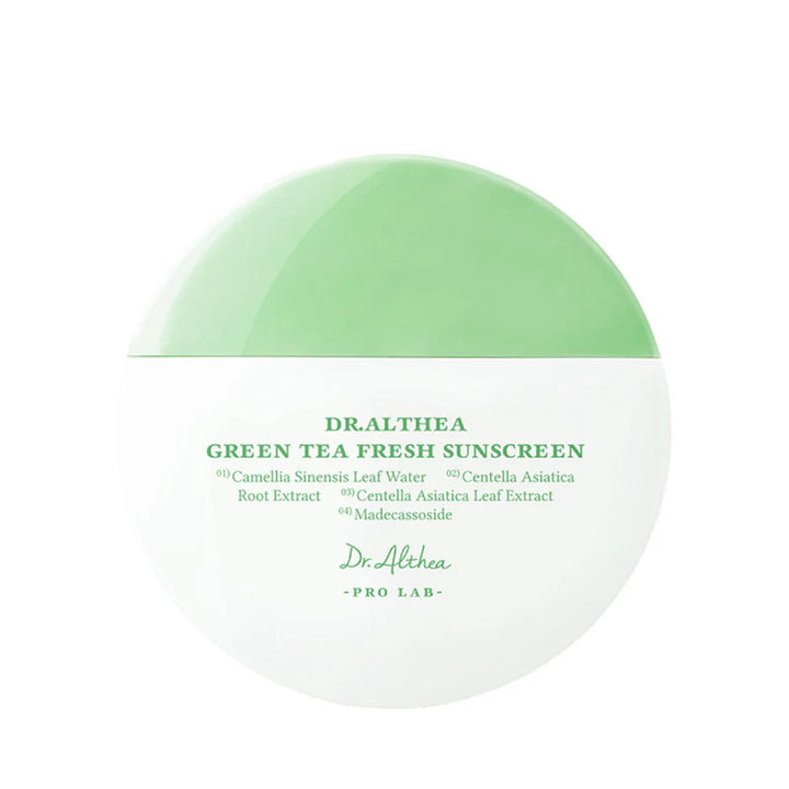 Dr. Althea Green Tea Fresh Sunscreen SPF50+ PA++++ in 45ml tube, featuring green tea extract for sun protection.