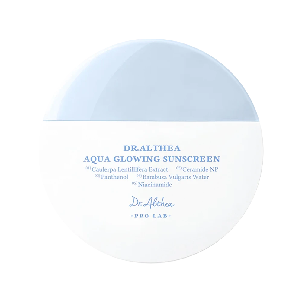 Dr. Althea Aqua Glowing Sunscreen 45ml, a lightweight SPF solcreme with hydrating formula, shown in a sleek tube.