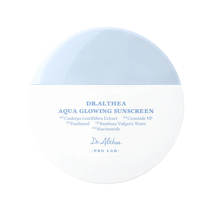 Dr. Althea Aqua Glowing Sunscreen 45ml, a lightweight SPF solcreme with hydrating formula, shown in a sleek tube.