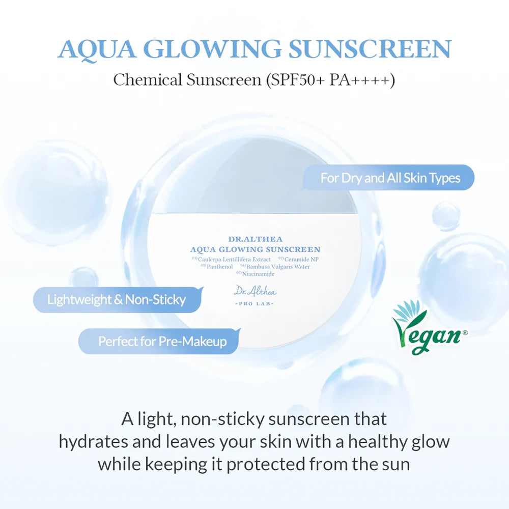 Dr. Althea Aqua Glowing Sunscreen in 45ml tube, lightweight sunscreen with a blue cap, designed to protect and hydrate skin.