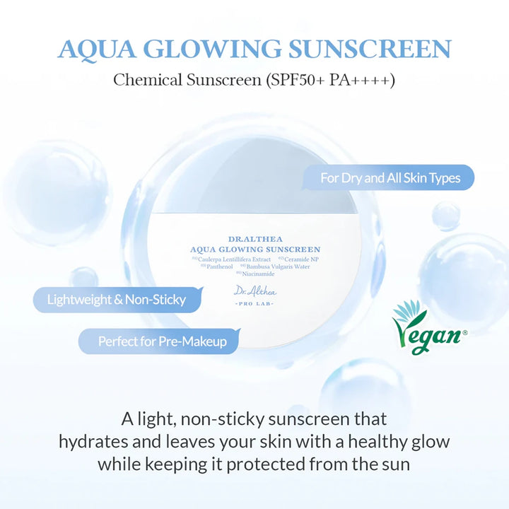 Dr. Althea Aqua Glowing Sunscreen in 45ml tube, lightweight sunscreen with a blue cap, designed to protect and hydrate skin.