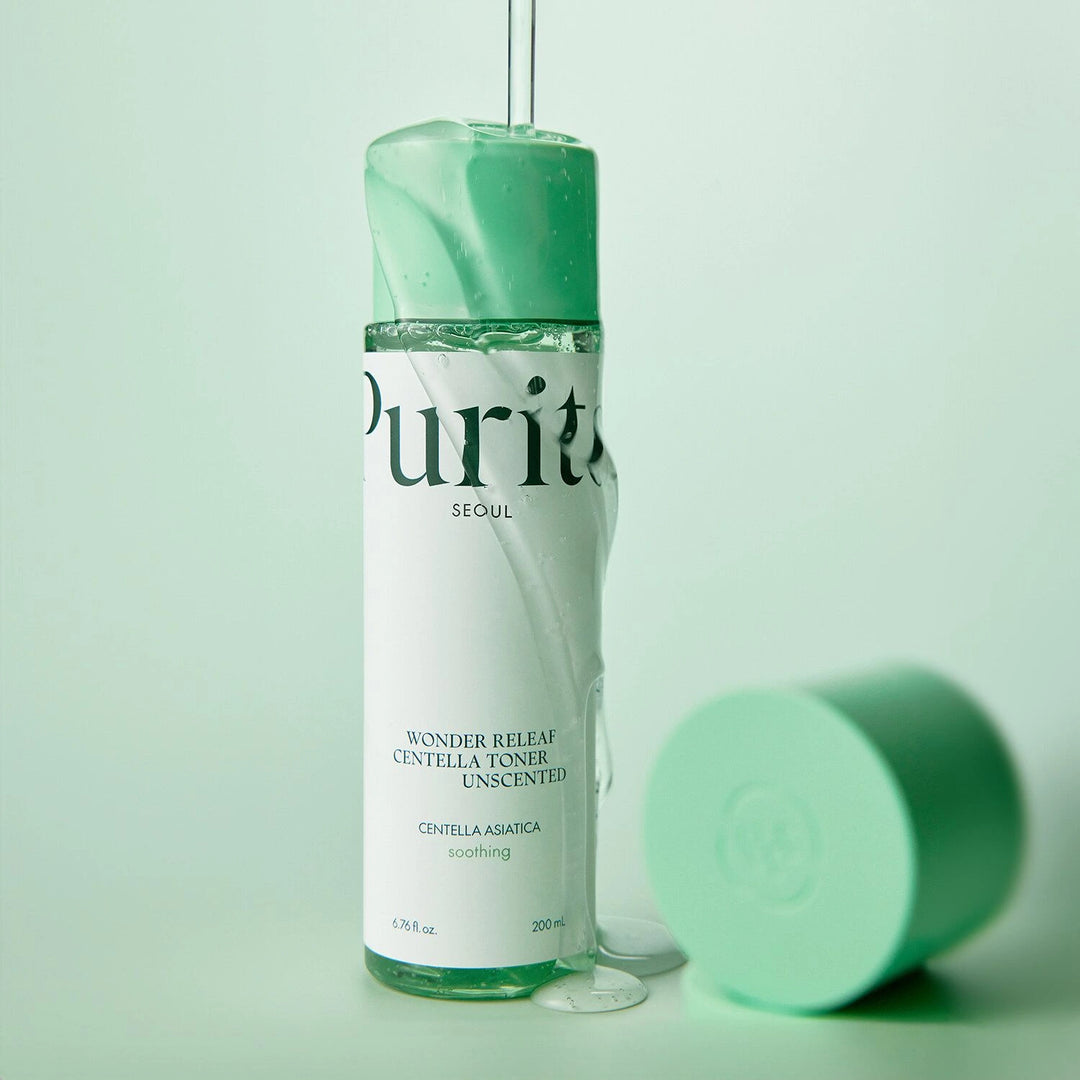 Purito Wonder Releaf Centella Toner Unscented bottle, 200ml, with clear label and minimalist design, suitable for sensitive skin care.