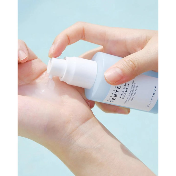 SKIN1004 Hyalu-Cica Blue Serum in a 50ml bottle with a blue label, featuring a dropper cap and a clean, modern design.