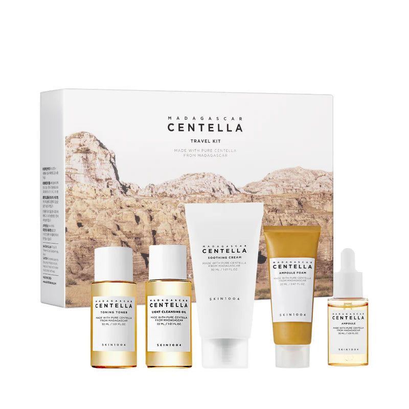 Travel-sized SKIN1004 Madagascar Centella skincare kit with 170 ml bottles, ideal for on-the-go skincare routines.